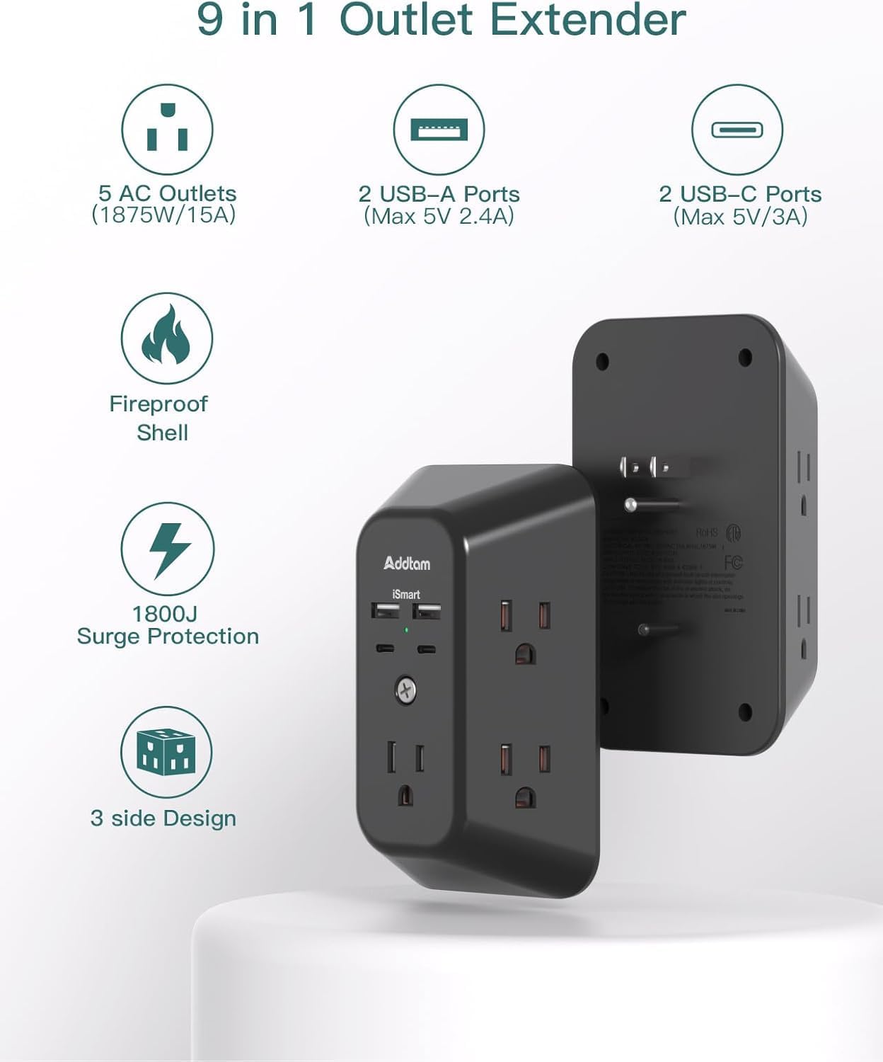 Detalle 2 de Addtam AD5004 Outlet Extender, 5 AC Outlets, 4 USB Ports, 1800J