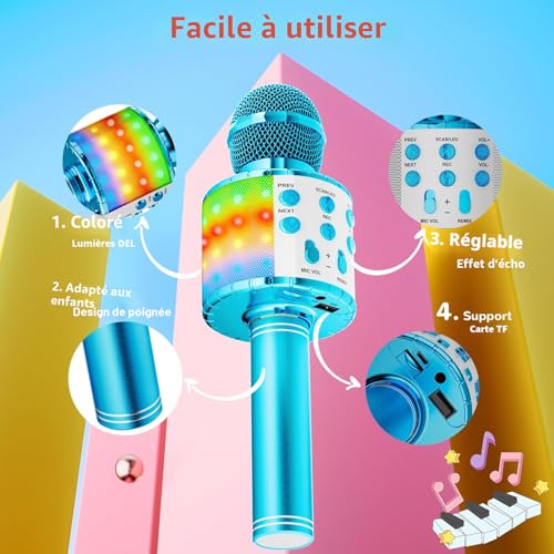 Detalle de Ankuka AP05 Microphone Sans Fil Karaoké 4 en 1 avec LED — Bleu