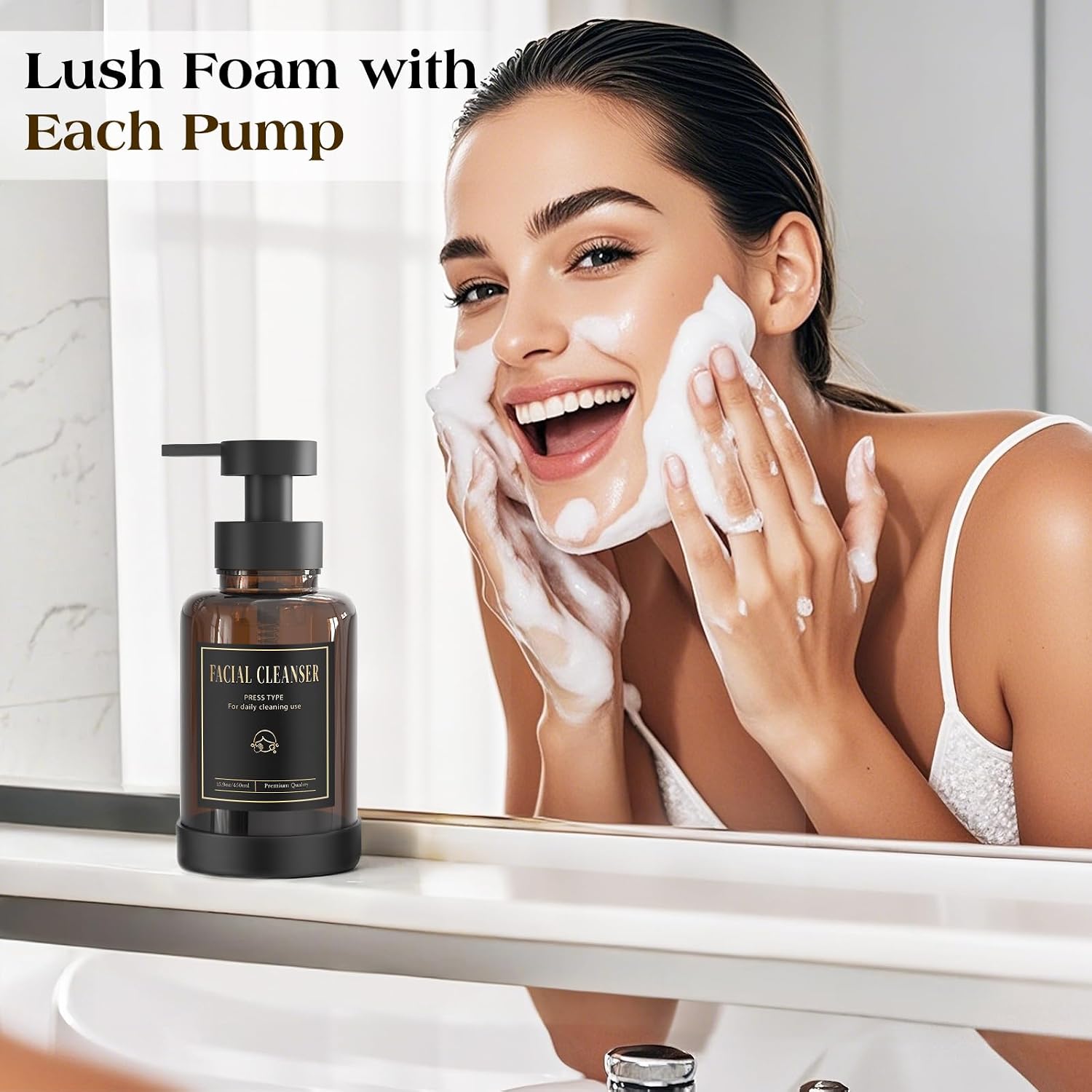 Thumbnail 6 de Luxspire 15 oz Amber Glass Foaming Soap Dispenser with Anti-Drip Pump