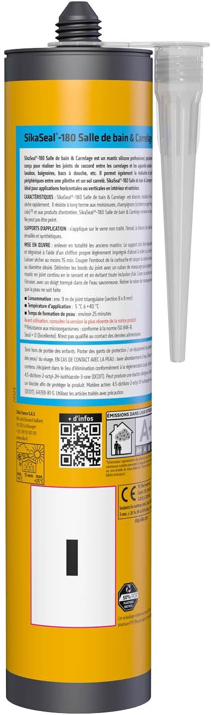 Thumbnail 1 de SikaSeal-180 Mastic Silicone Sanitaire pour Salle de Bain et Carrelage – Blanc/Noir Transparent, 300 ml