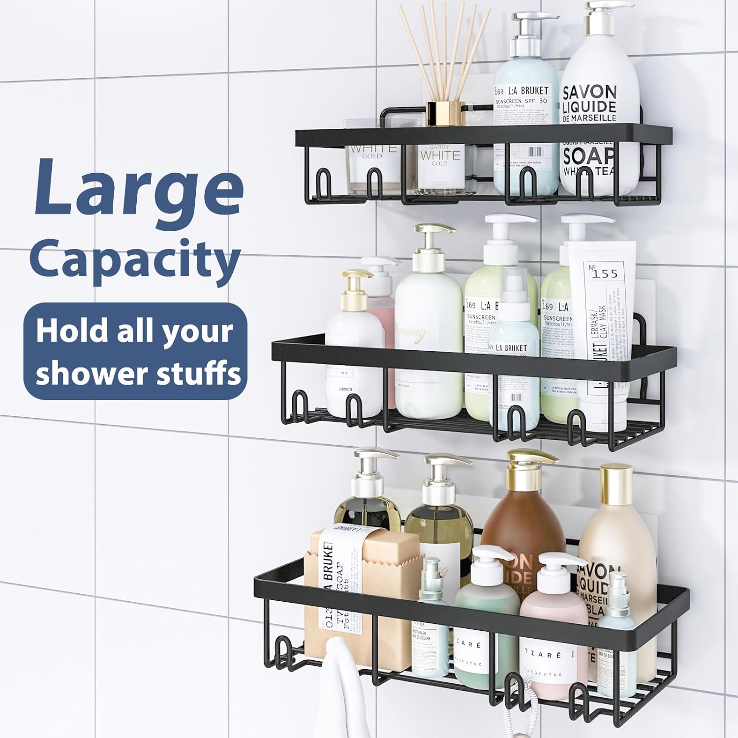 Thumbnail 2 de Liuoud 5-Pack Shower Caddy Organizer Rack – Adhesive Stainless Steel Wall Shelf Set (Black)