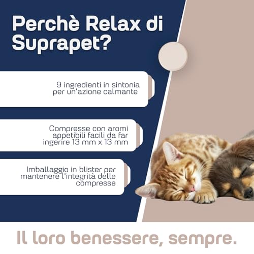 Detalle de Suprapet Relax Calmante per Cani e Gatti 30 compresse: rilassante naturale con L-Triptofano, vitamine B e estratti vegetali