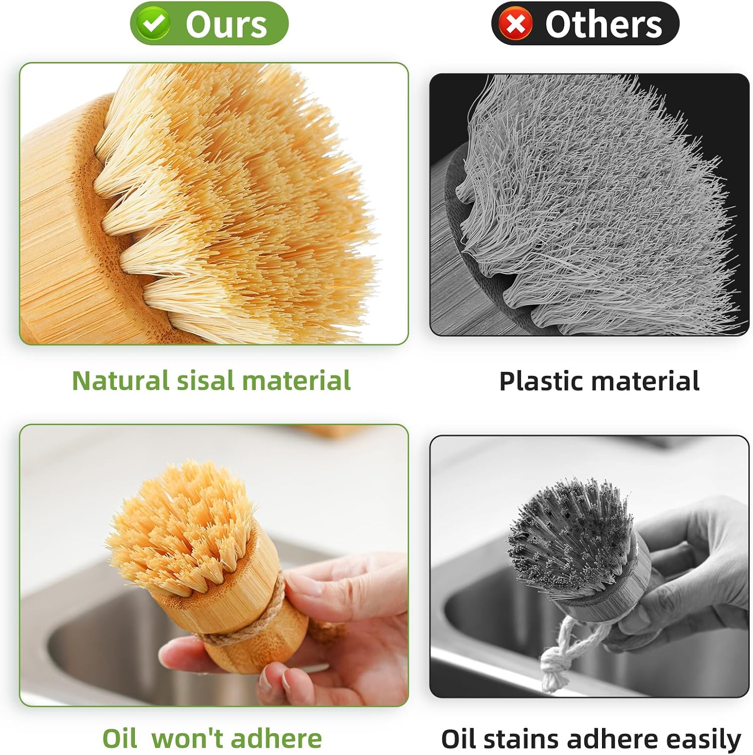 Detalle de Bamboo Dish Scrub Brushes, 3-Piece Set for Cast Iron and Everyday Kitchen Cleaning