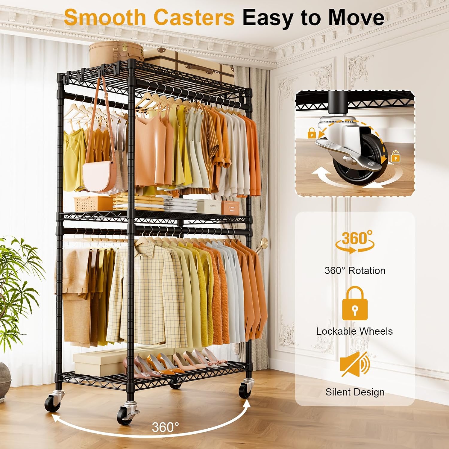 Detalle 1 de ULIFHOME P5 Rolling Clothes Rack, 3 Adjustable Shelves, 4 Hanging Rods