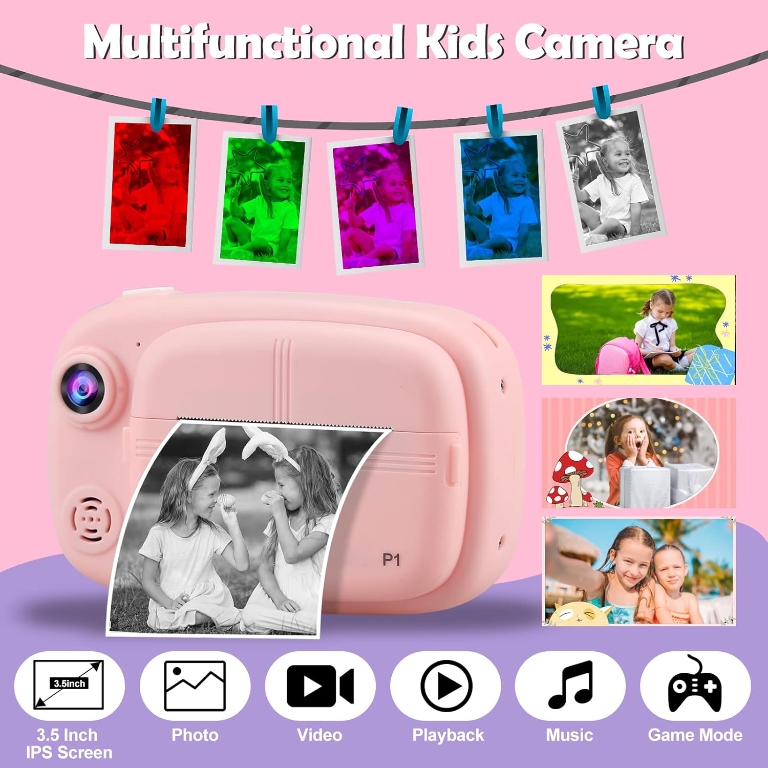 Thumbnail 2 de Fotocamera istantanea digitale per bambini Misilmp da 3,5” con stampa in bianco e nero, 1080P e SD da 32GB (rosa)