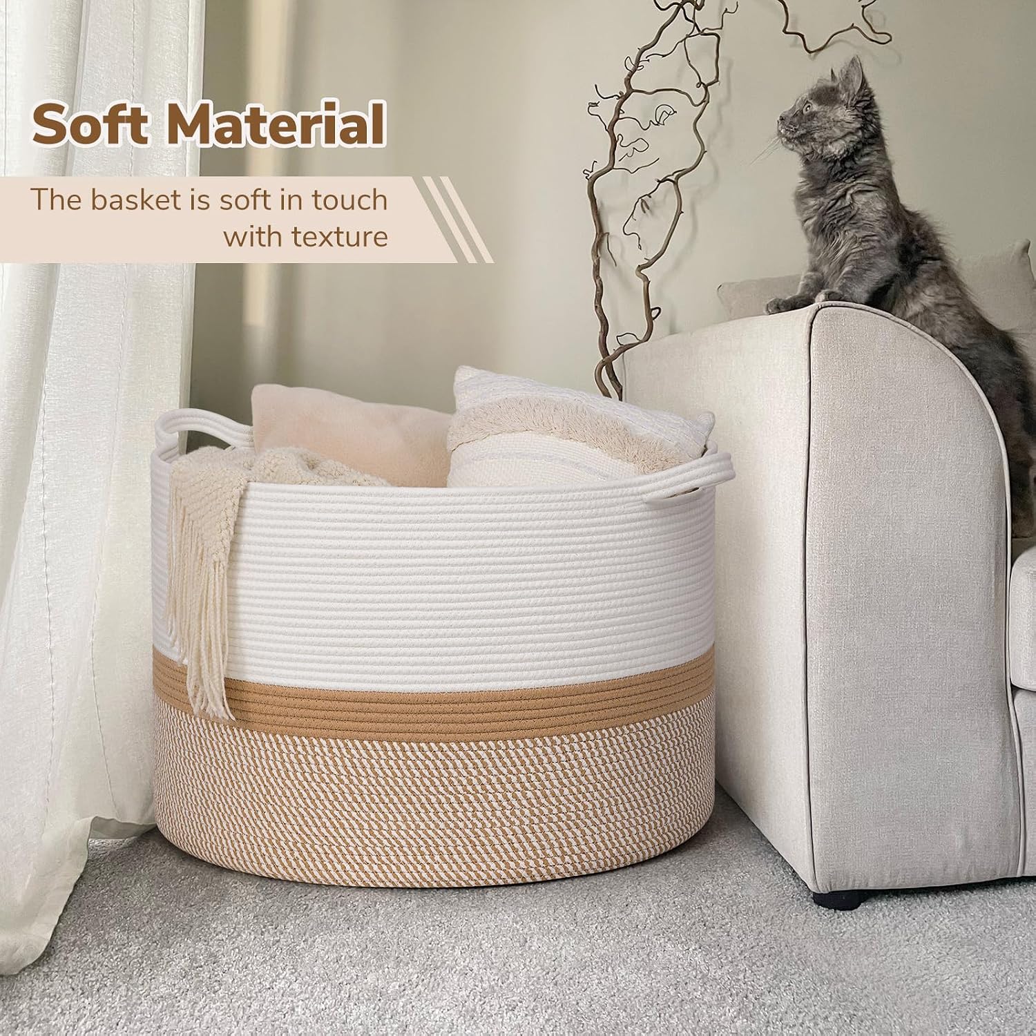 Thumbnail 5 de INDRESSME 115L Woven Cotton Rope Storage Basket, White and Camel