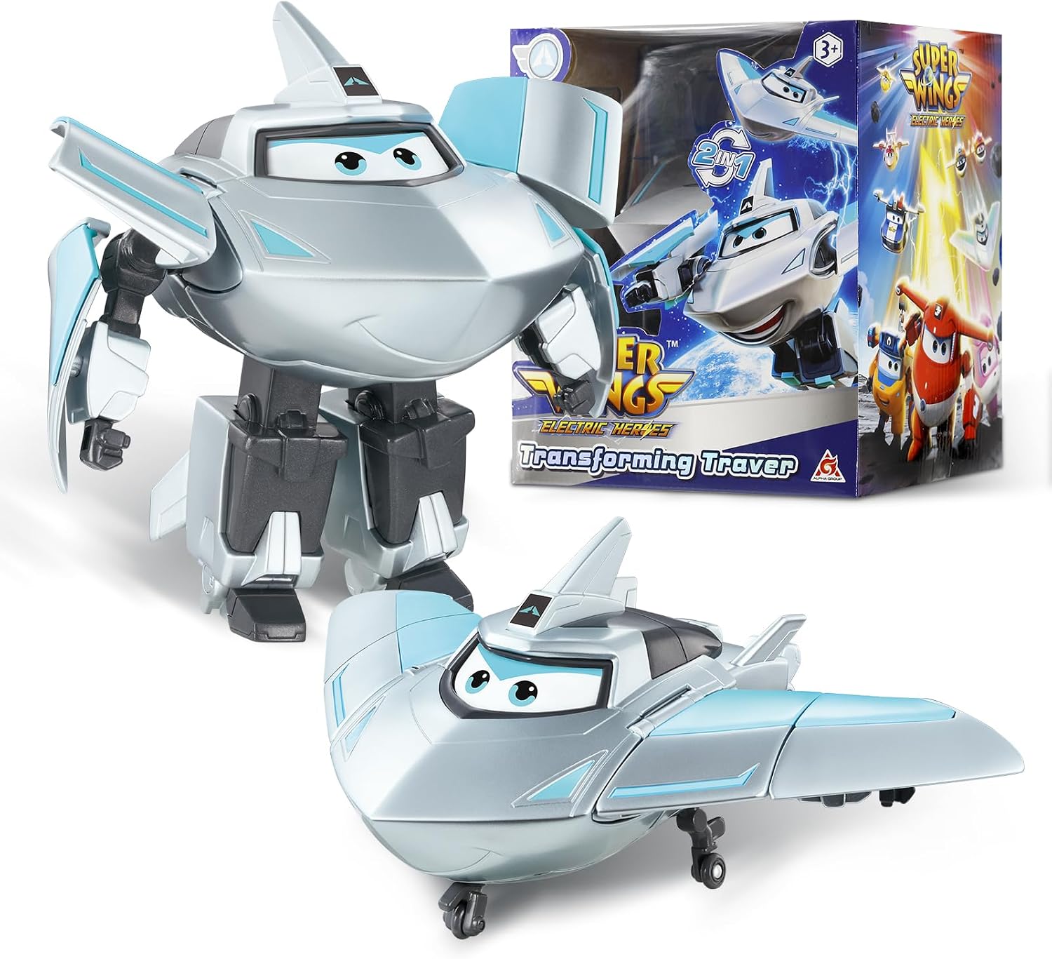Detalle de Super Wings Transformations-Flugzeug „Traver“ (ca. 12,7 cm) – 2-in-1 Spielzeug-Flugzeug & Roboterfigur für Kinder ab 3 Jahren, Silver