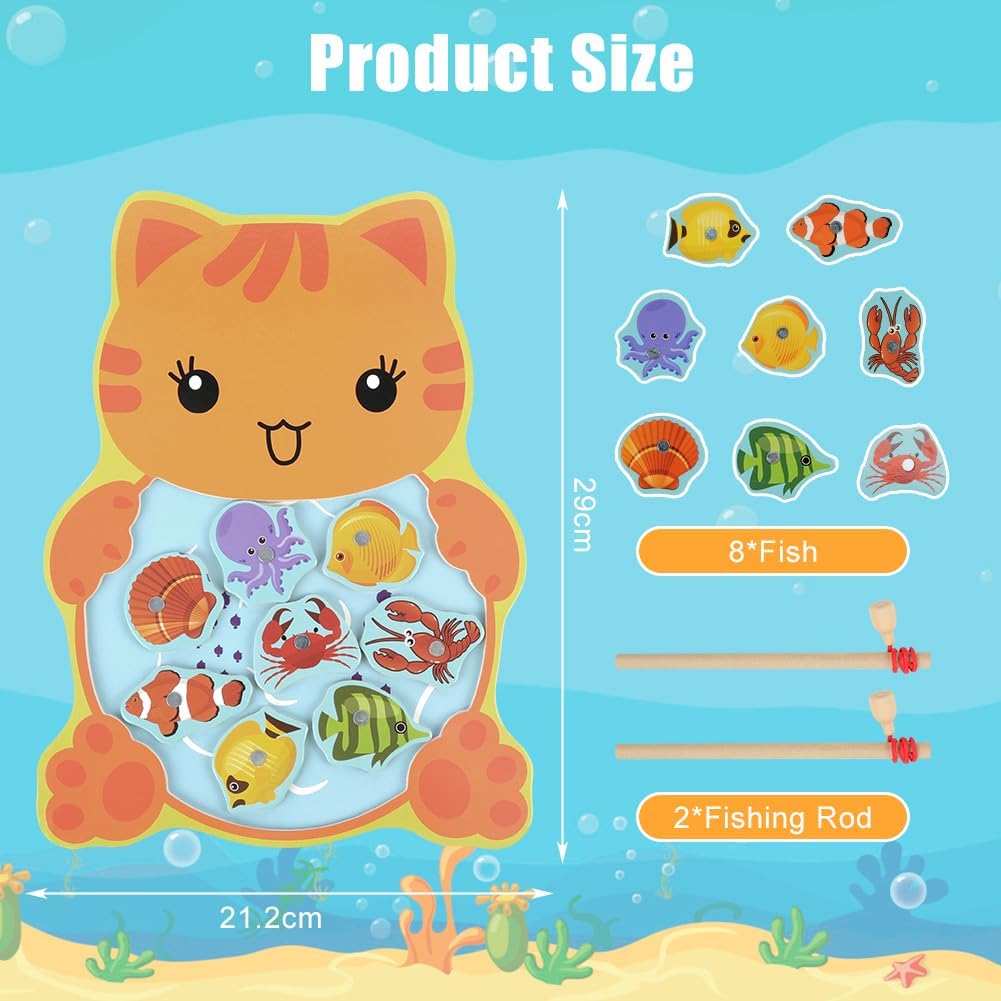 Detalle 2 de Vicloon Magnetic Wooden Fishing Game, Kitten Style, 8 Fish and 2 Rods