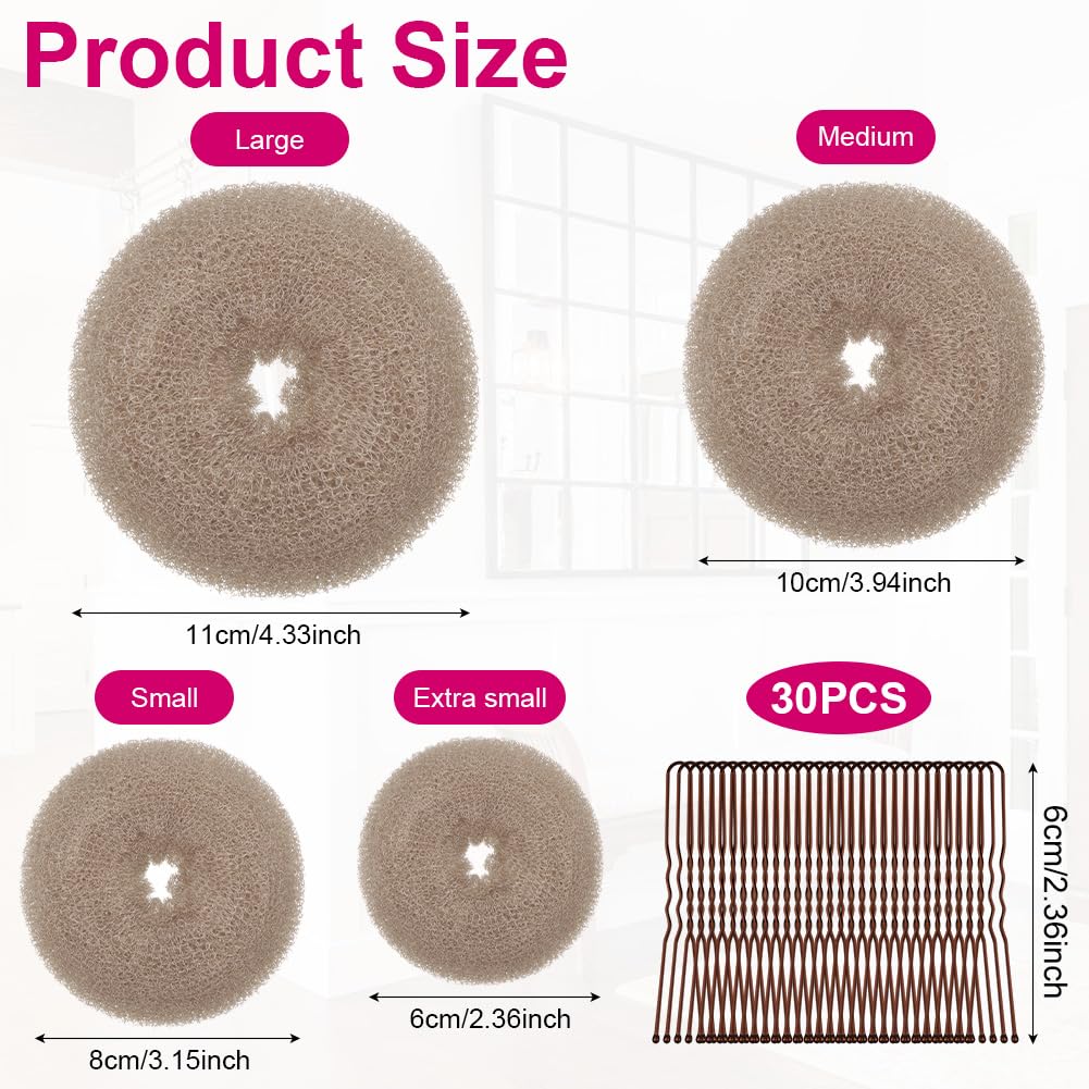 Detalle de URAQT Donut Hair Bun Set – 4er Dutt Maker mit 30 U-förmigen Clips und Duttkissen in Groß und Klein (Aprikose, 6+8+10+12)