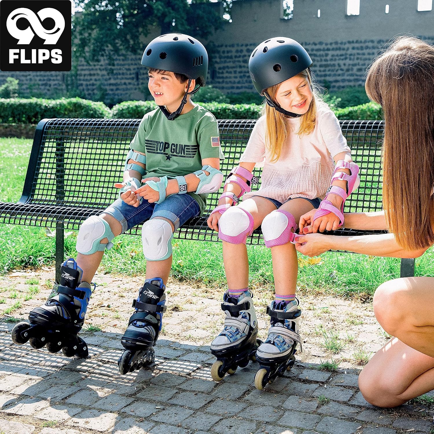 Detalle 2 de 99FLIPS Protezioni Skateboard Bambini – Set protezioni ginocchiere, gomitiere e polsiere per skateboard e pattini in linea