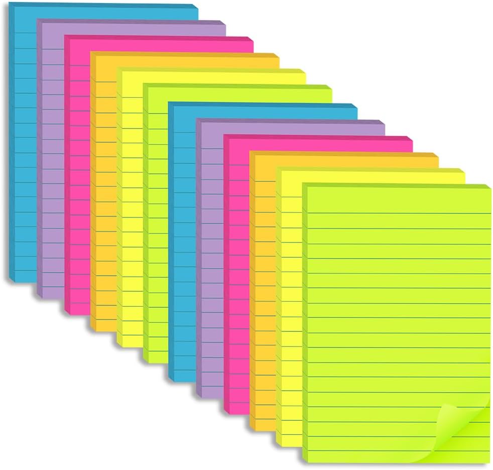 Kozerite 12-4X6-xiantiao-Y Lined Sticky Notes, 4 x 6 Inches, 6 Bright Colors
