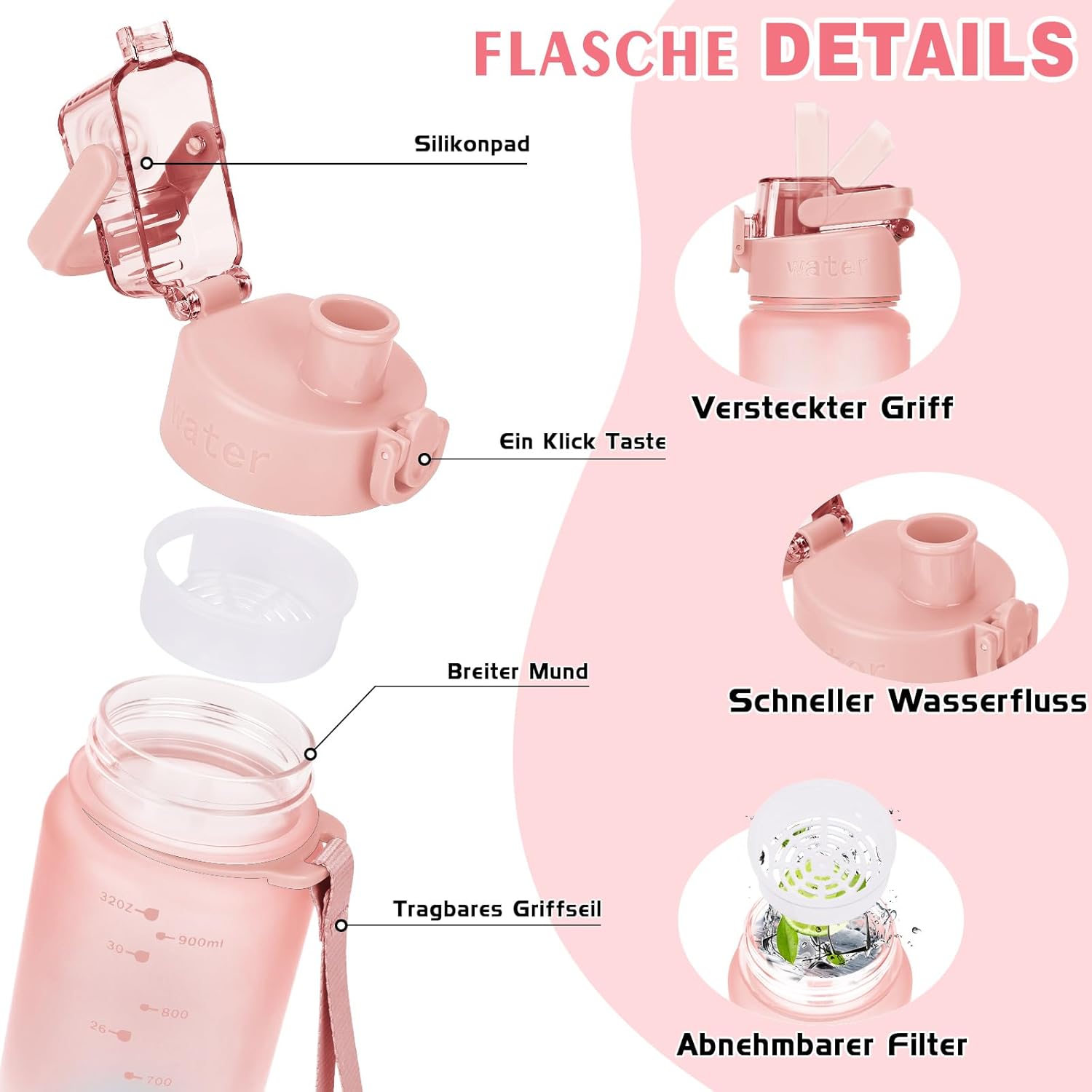 Detalle 2 de AOPREL Trinkflasche 1l – BPA-frei, mit Filter, aus Tritan, auslaufsicher für Fitness, Wandern und Büro