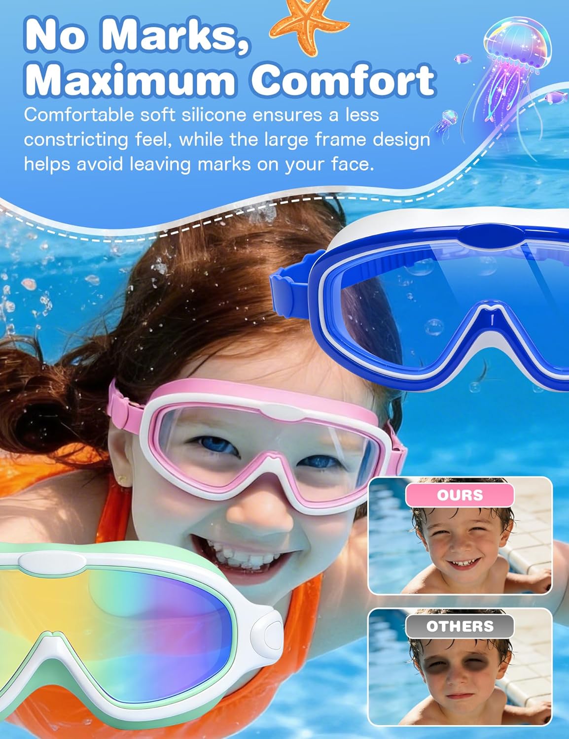 Detalle de FUSHI&MON Kids Swim Goggles (2 Pack) – Clear Vision, Soft Silicone Comfort and Leak-Proof Fit