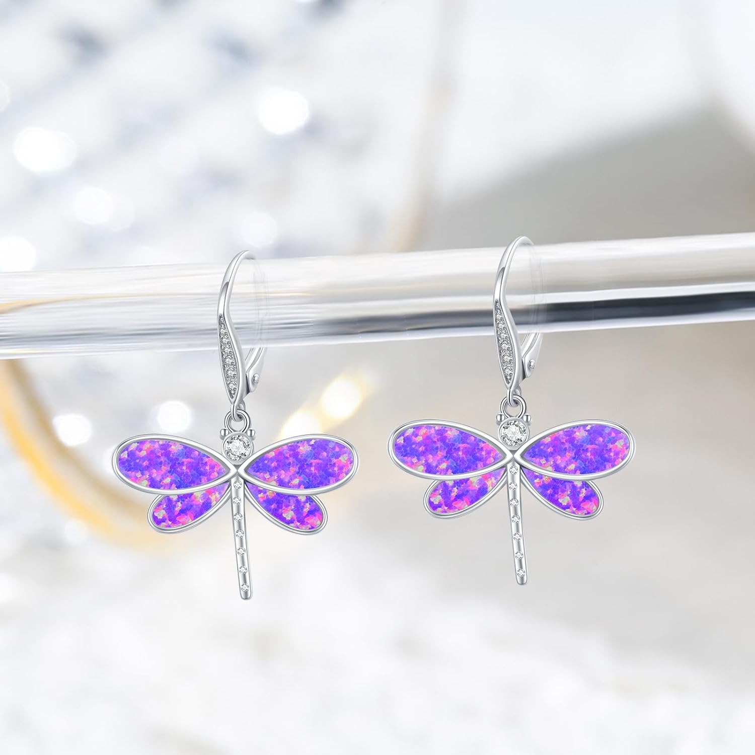 Detalle de ZIPPICE Mehrfarbig Opal Libelle Ohrringe 925 Sterling Silber – Libellen Creolen