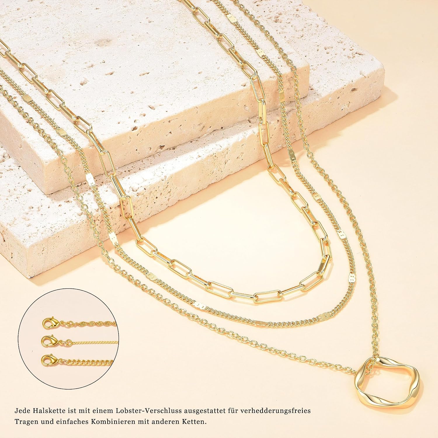 Detalle de FENNELISA 3er Set Damen-Halsketten mit Layering-Look, Silber 925 vergoldet, verstellbar