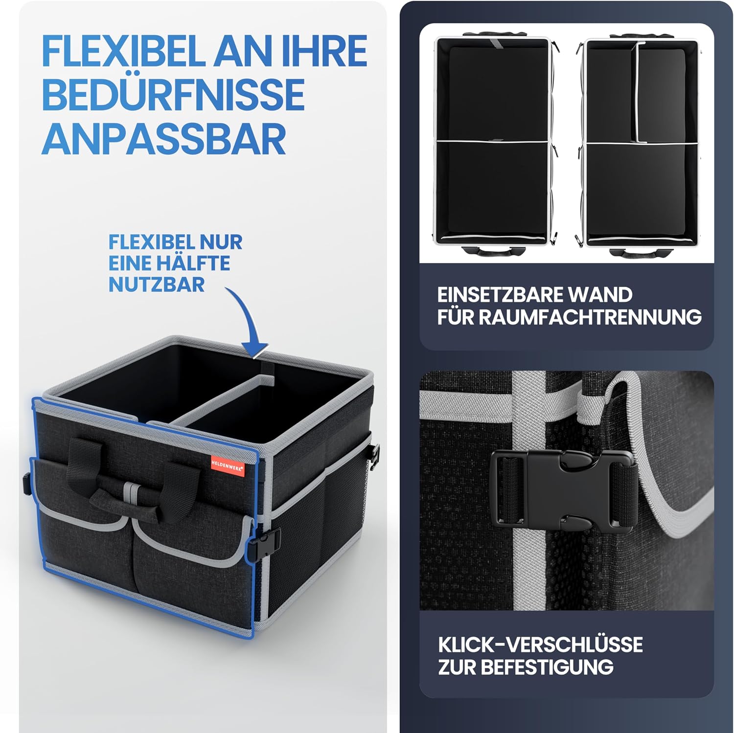 Detalle de HELDENWERK Premium Kofferraum-Organizer mit Deckel, faltbar und rutschfest