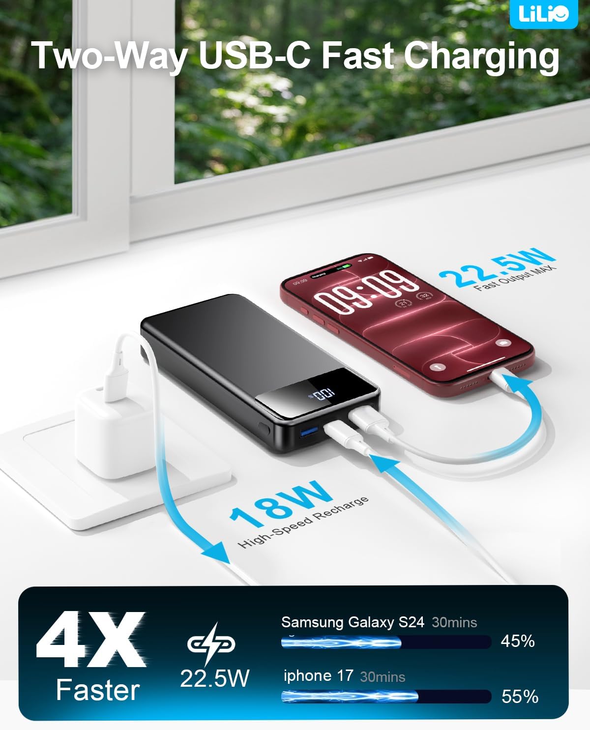 Detalle de LILIO P2 PRO 60,000mAh Power Bank, 22.5W Fast Charging, 3-in-1 Cable