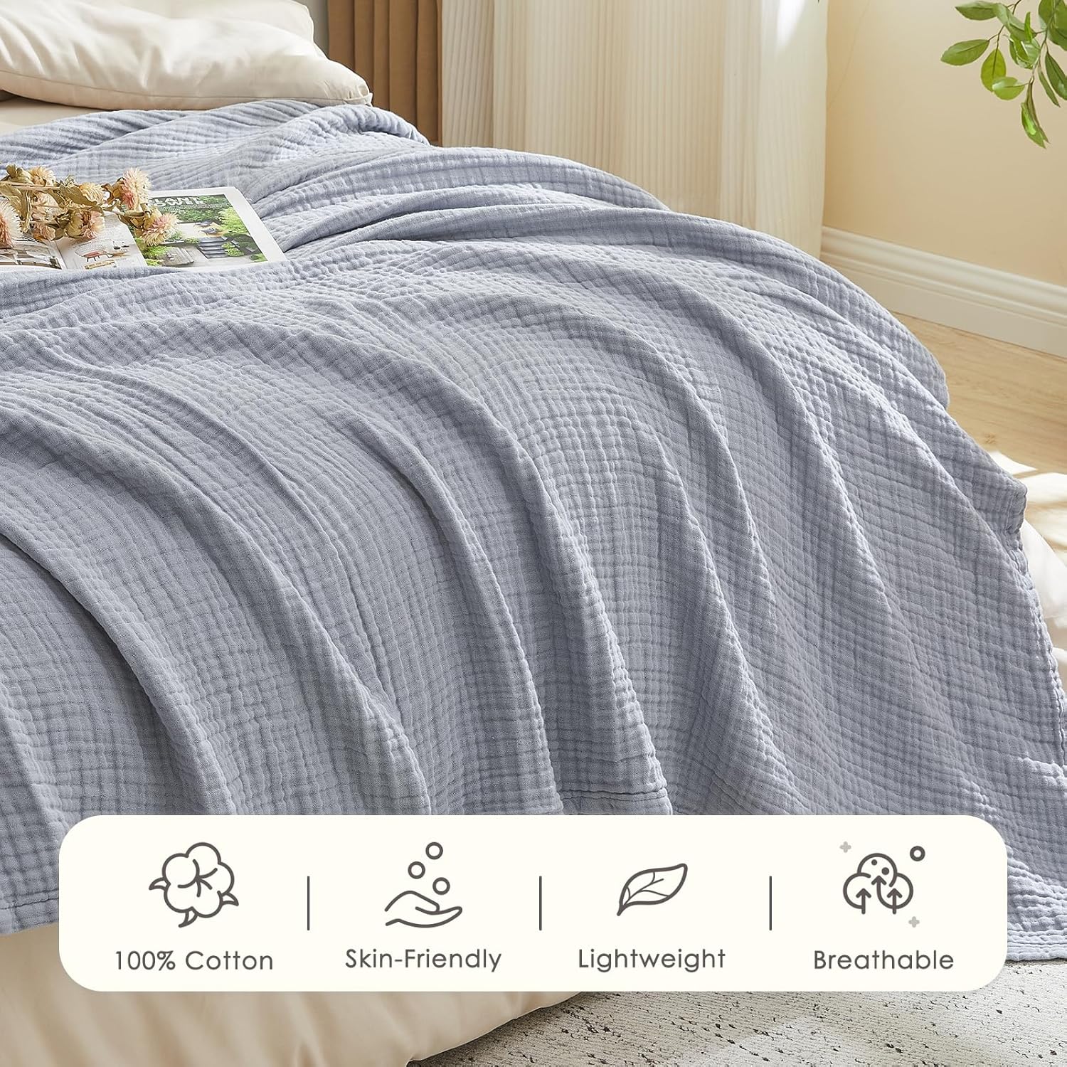 Thumbnail 5 de EMME Musselin-Decke für Erwachsene, 100% Baumwolle, 152 x 203 cm Graublau