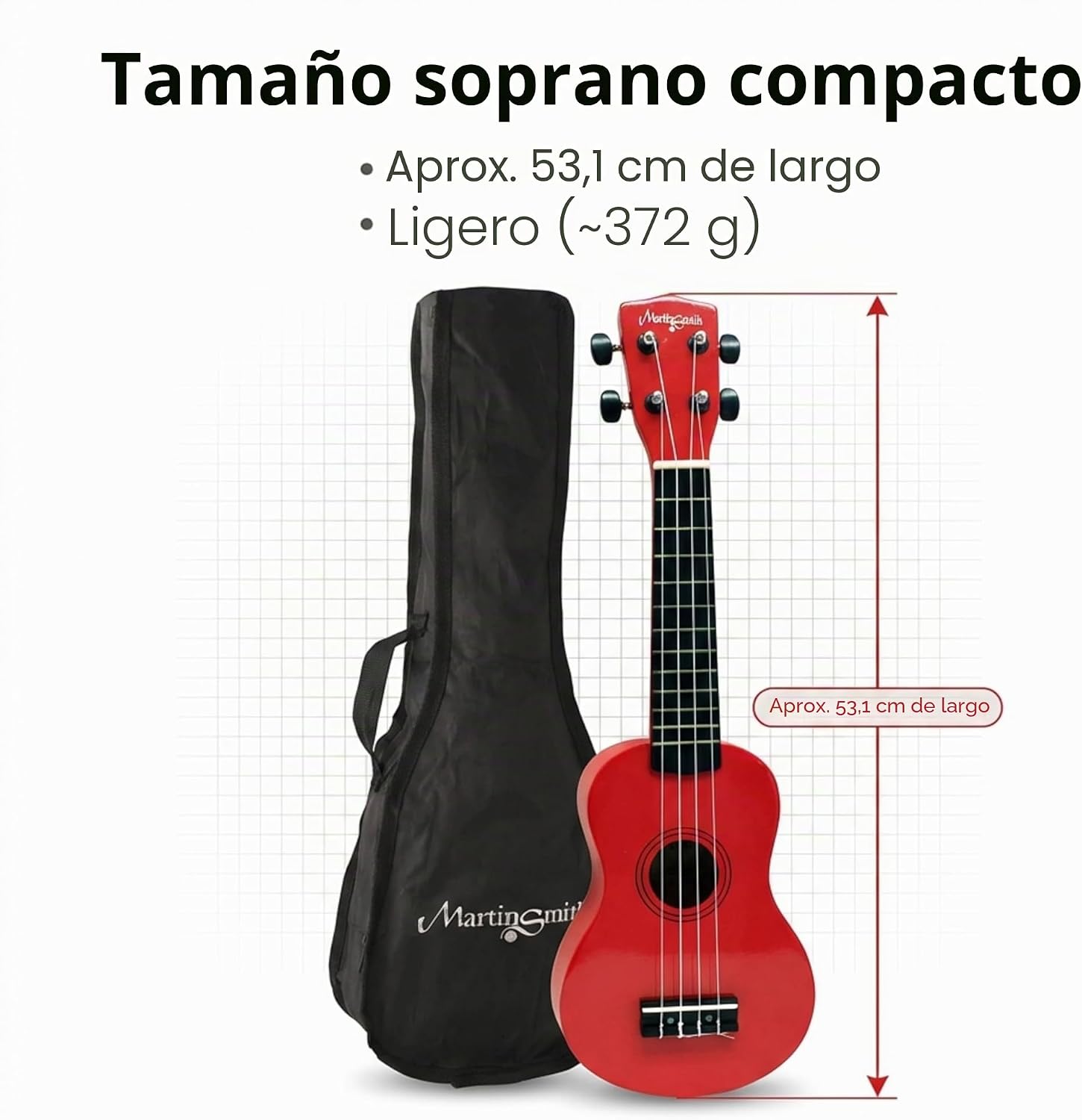 Detalle de Martin Smith UK212-RD Ukulele Soprano de 21" con Bolsa (Rojo) – ideal para principiantes