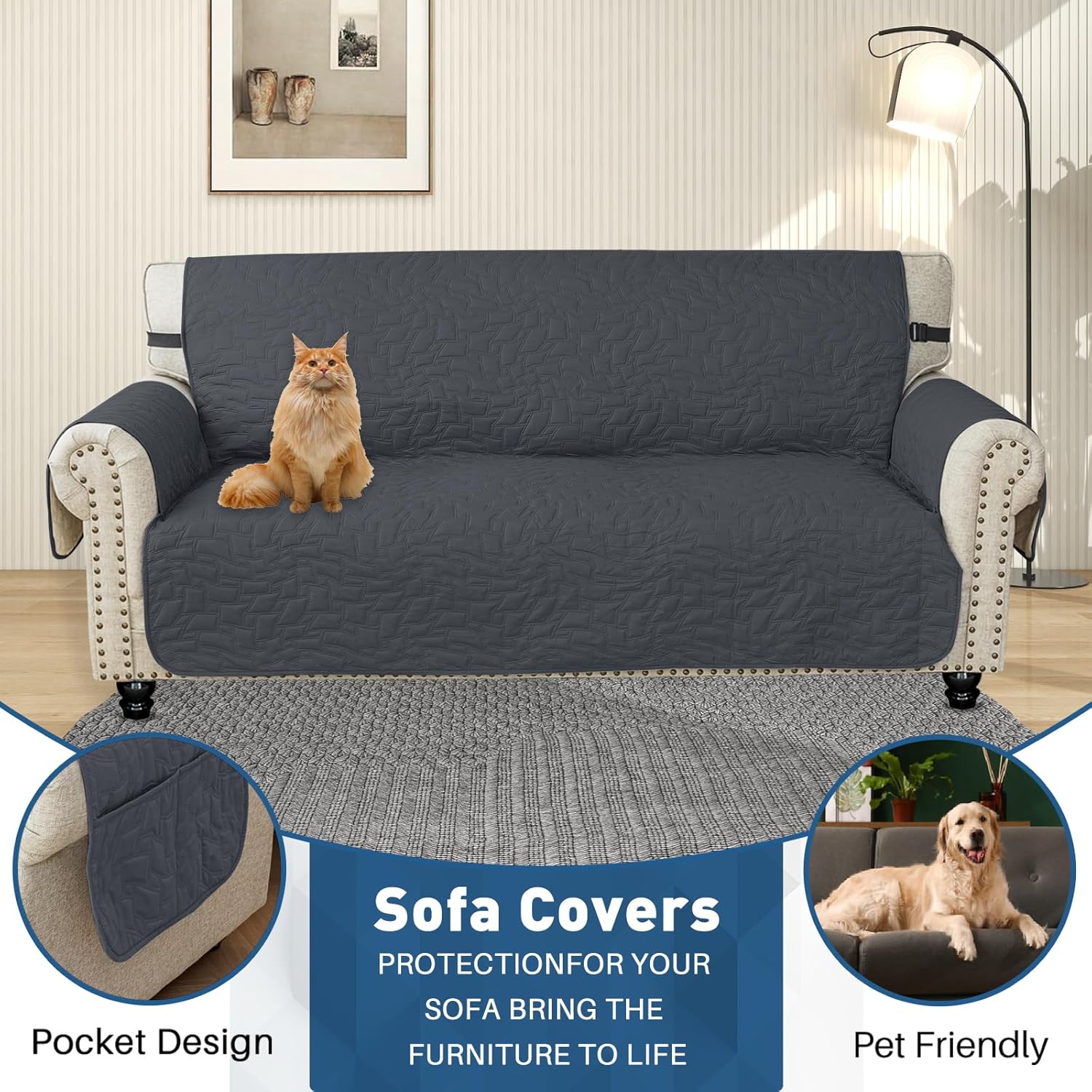 Thumbnail 3 de Ystyle Housse de canapé 3 places avec accoudoirs, imperméable anti-poils, antidérapante lavable (gris foncé)