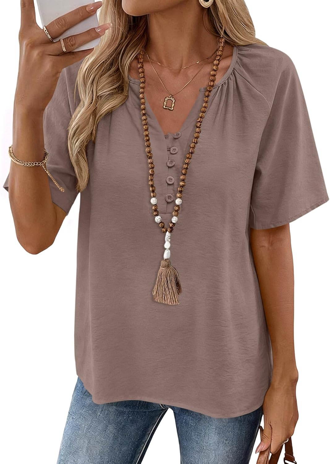 Detalle de Rapbin Women's V-Neck Cotton-Linen Blouse: Lightweight Boho Top for Everyday Wear