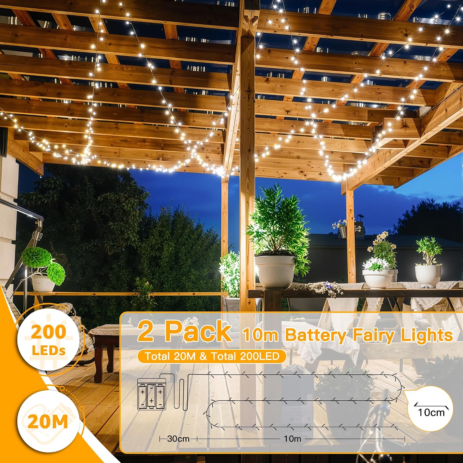 Thumbnail 1 de Ollny Fairy Lights Battery Operated: 20m, 200 LEDs, 2-Pack, 8 Modes, IP44 Outdoor Flexibility