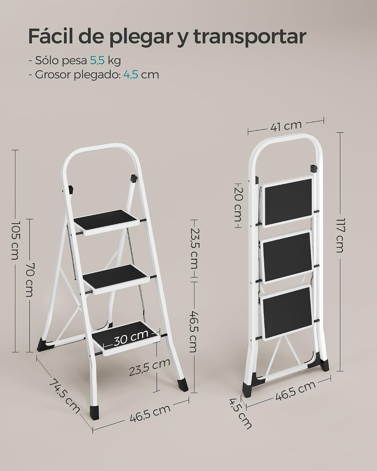 Detalle de SONGMICS GSL03WT: escalera de tijera plegable con 3 peldaños y bloqueo de seguridad