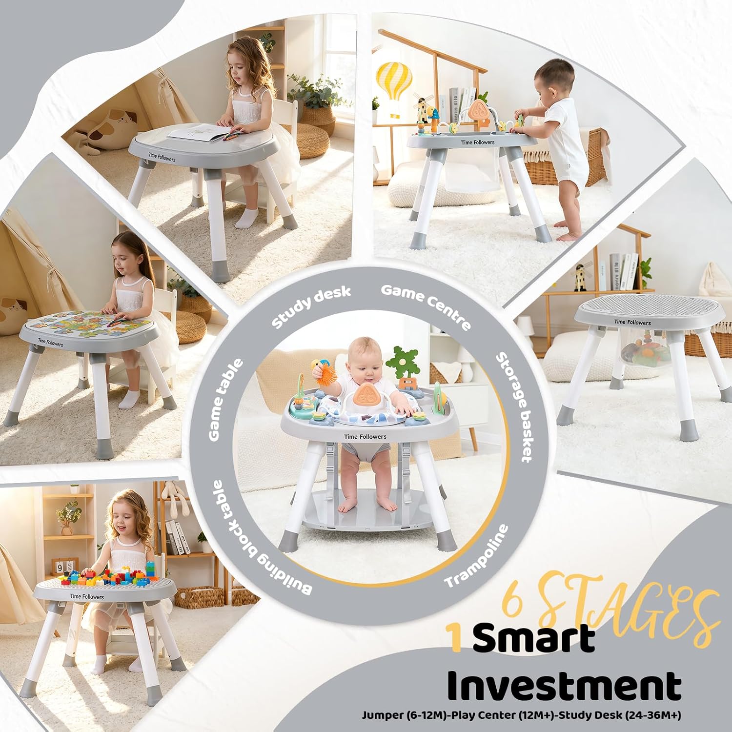 Detalle de Time Followers 6-in-1 Baby Activity Center (4-Stage Montessori-Inspired) in Grey