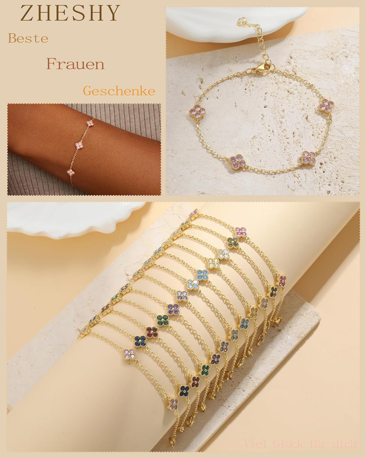 Thumbnail 3 de Bracelet ZHESHY femme trèfle à 4 feuilles avec pierre de naissance en tanzanite, réglable plaqué or 14K