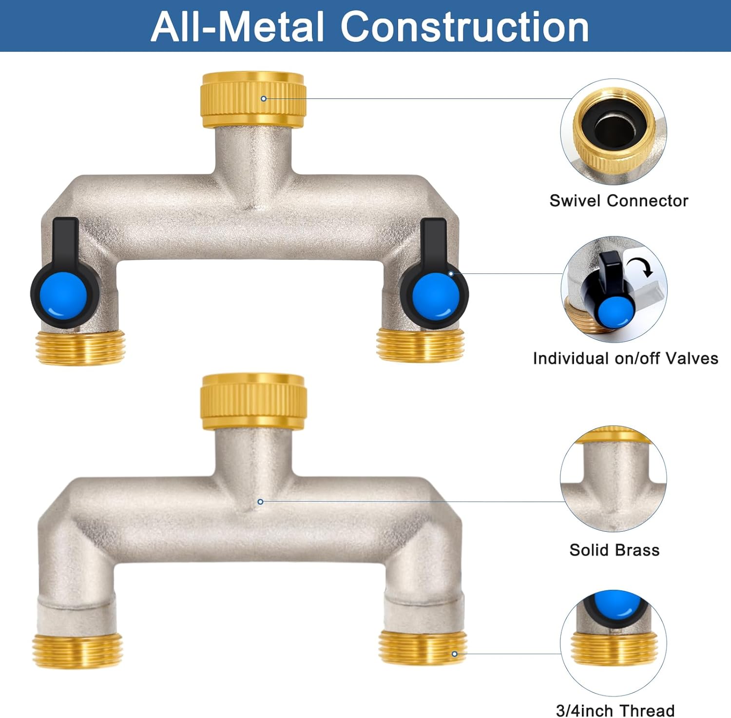 Thumbnail 4 de OPERMAXER 2-Wege Wasserhahn Wasserverteiler aus Messing für 2 Geräte/Gartenschläuche (3/4" auf 1/2" Adapter, Kugelhähne)