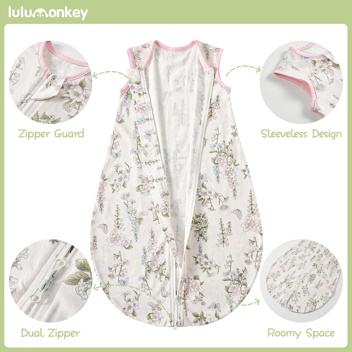 Thumbnail 4 de LULUMONKEY 0.5 Tog Baby Sleeping Bag 18-36 Months (2 Pack) – Soft Cotton Wearable Blanket, Flower