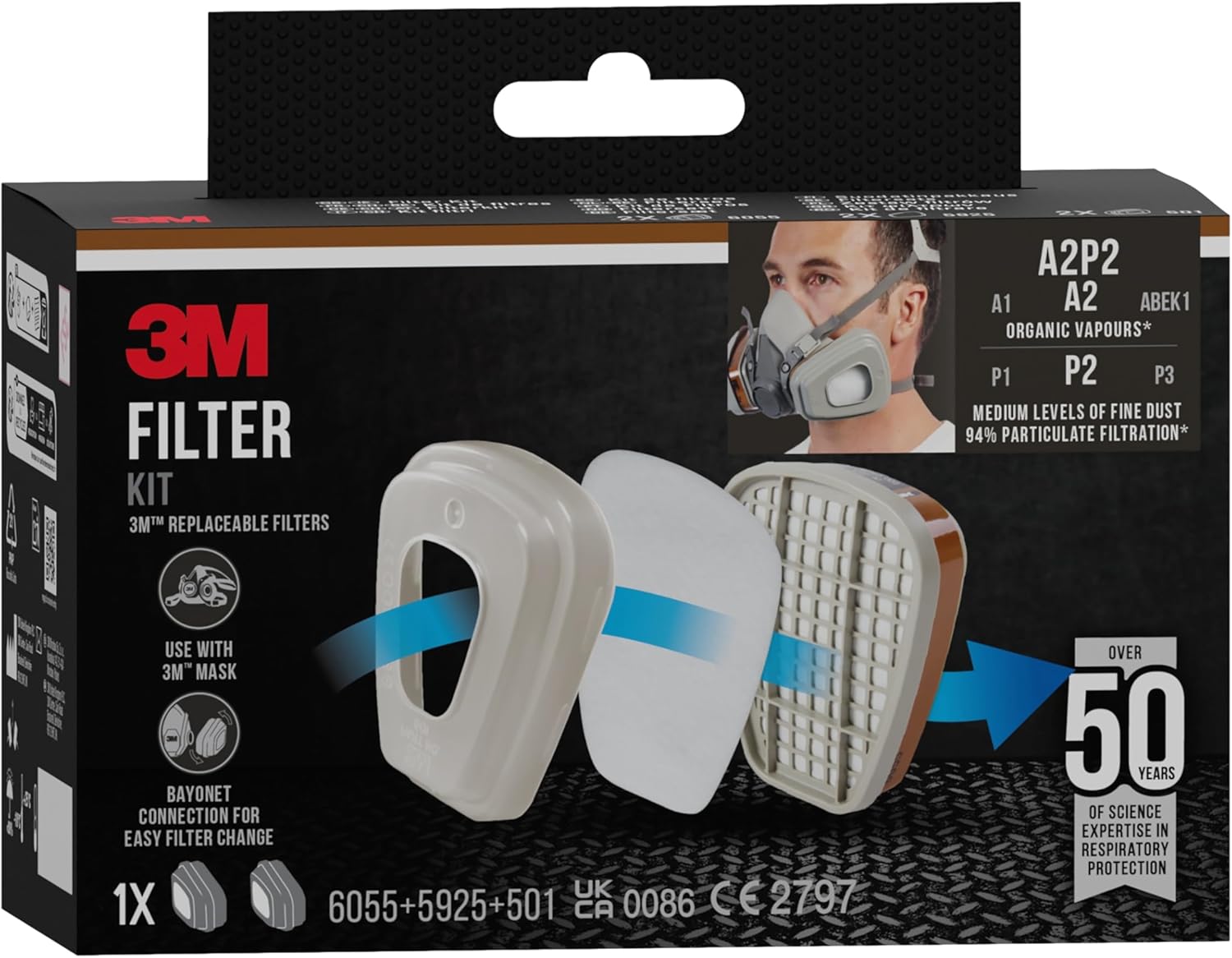 Thumbnail 6 de 3M 6002 CR Ersatzfilter für Farbspritzarbeiten – Doppel-Atemventil, A2P2 Schutzstufe