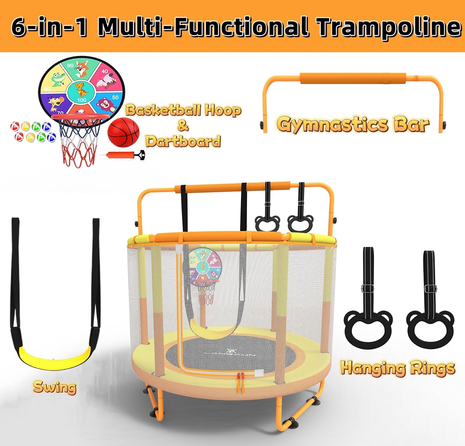 Thumbnail 1 de LANGXUN 60" 6-in-1 Trampoline for Kids — Indoor/Outdoor with Swing, Basketball Hoop, Dart Board & More