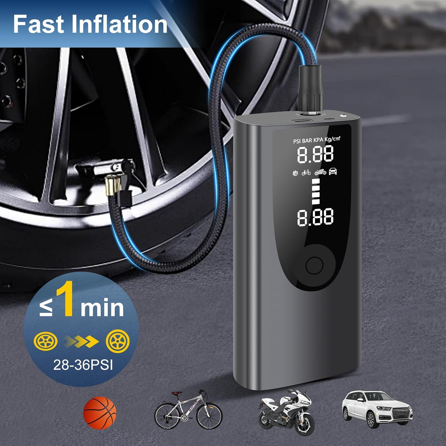 Detalle de Tragbare elektrische Fahrradpumpe mit Akku 6000 mAh – 150 PSI, kabellos, LCD-Druckanzeige, LED-Beleuchtung und Mehrfach-Adaptern