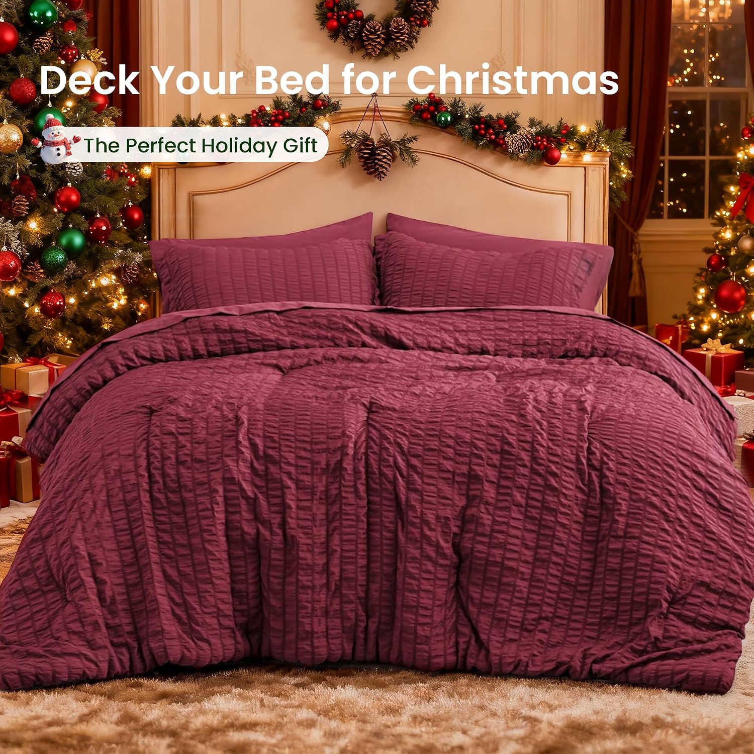 Thumbnail 1 de Love's cabin Seersucker Burgundy King Size Comforter Set — 7-Piece All Season Bed in a Bag