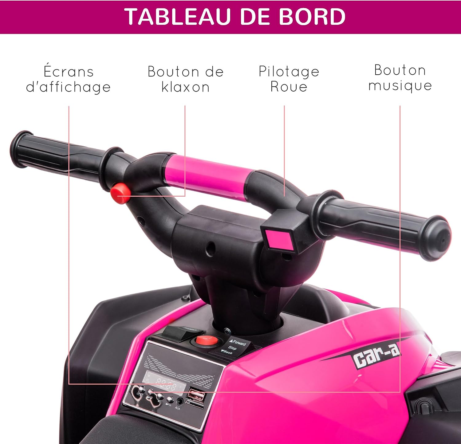 Detalle de HOMCOM Quad Électrique Enfant 12 V – Voiture 2 Moteurs, 3–6 km/h, LED, USB/TF, Rose