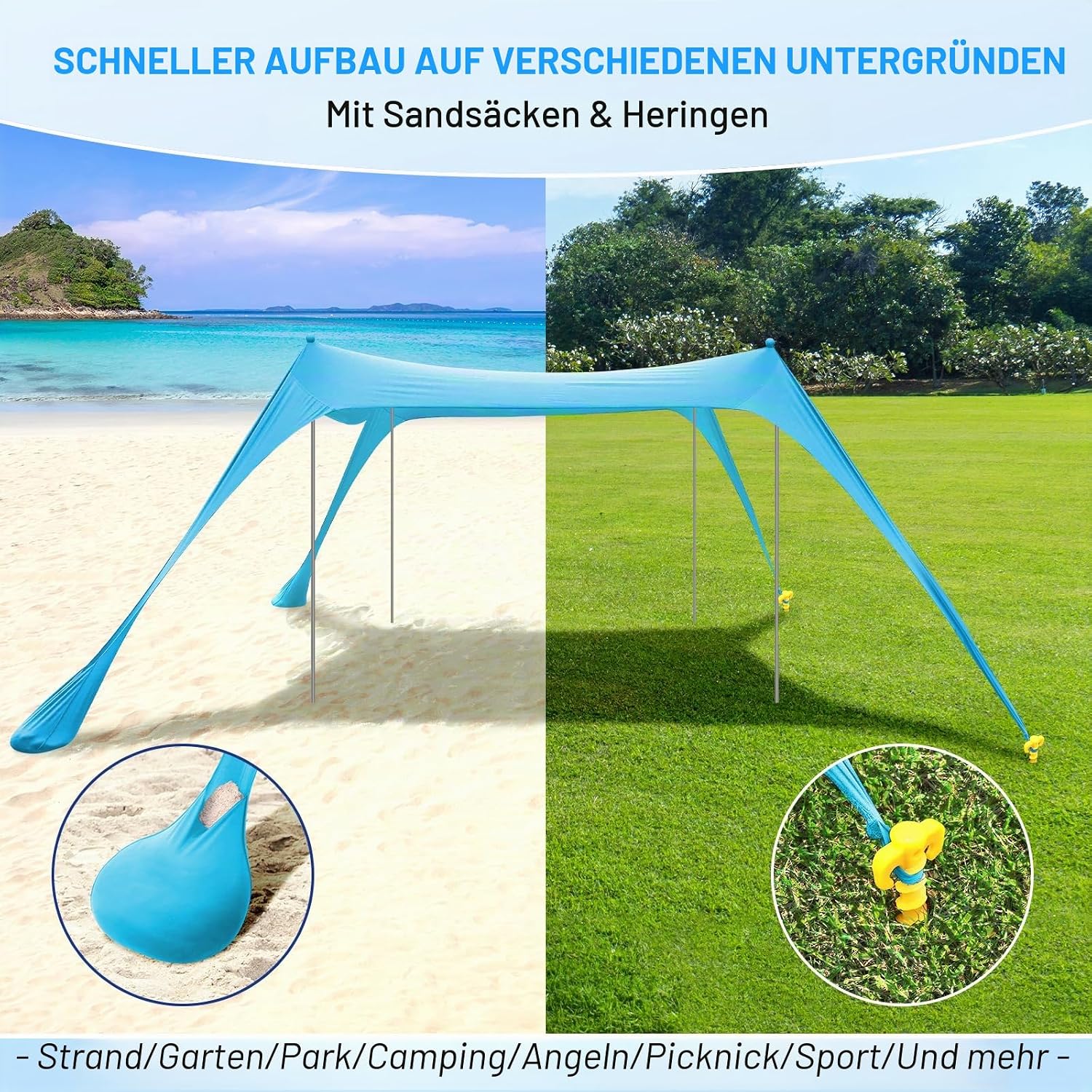 Detalle de Sonnensegel Strandzelt UPF50+ 3x3x2 m – Strandsonnenschutz mit 4 Stangen, 4 Sandsäcken und 4 Ground Anchors
