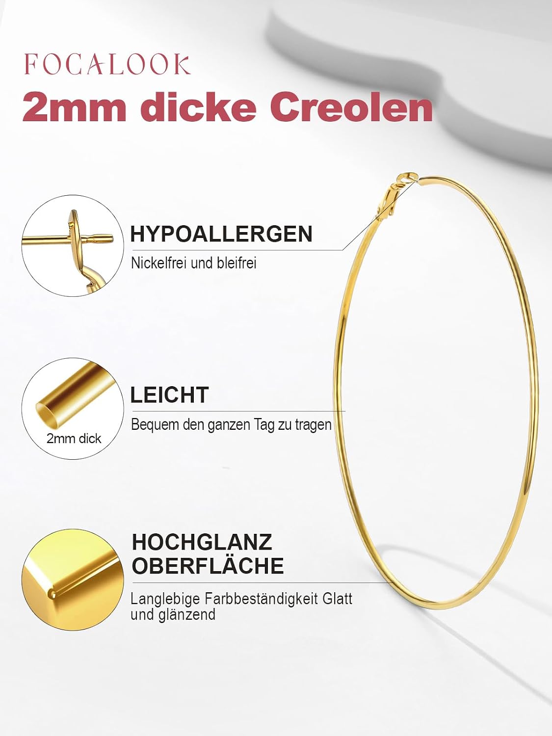 Detalle 2 de FOCALOOK Creolen aus Edelstahl für Damen (30/50/70/100 mm) – Rund, Silber/Gold/Schwarz