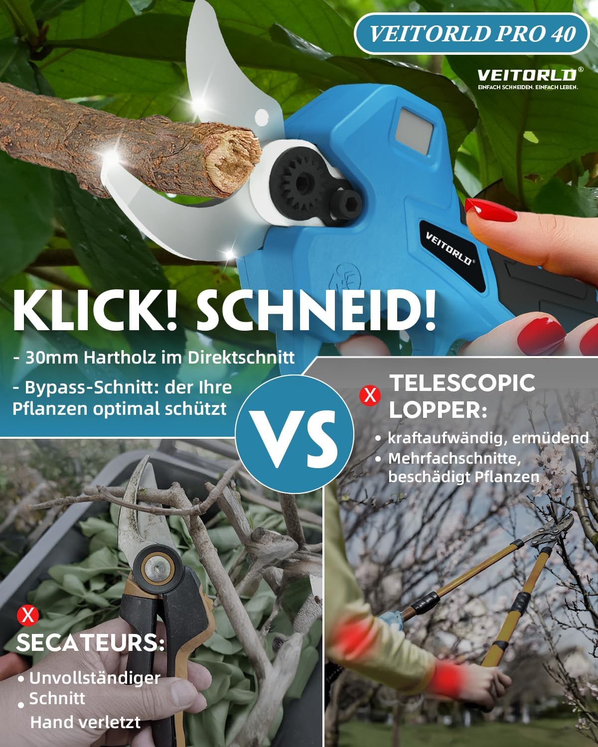 Detalle 2 de Veitorld Astschere Teleskop 40 mm Akku Gartenschere ✂