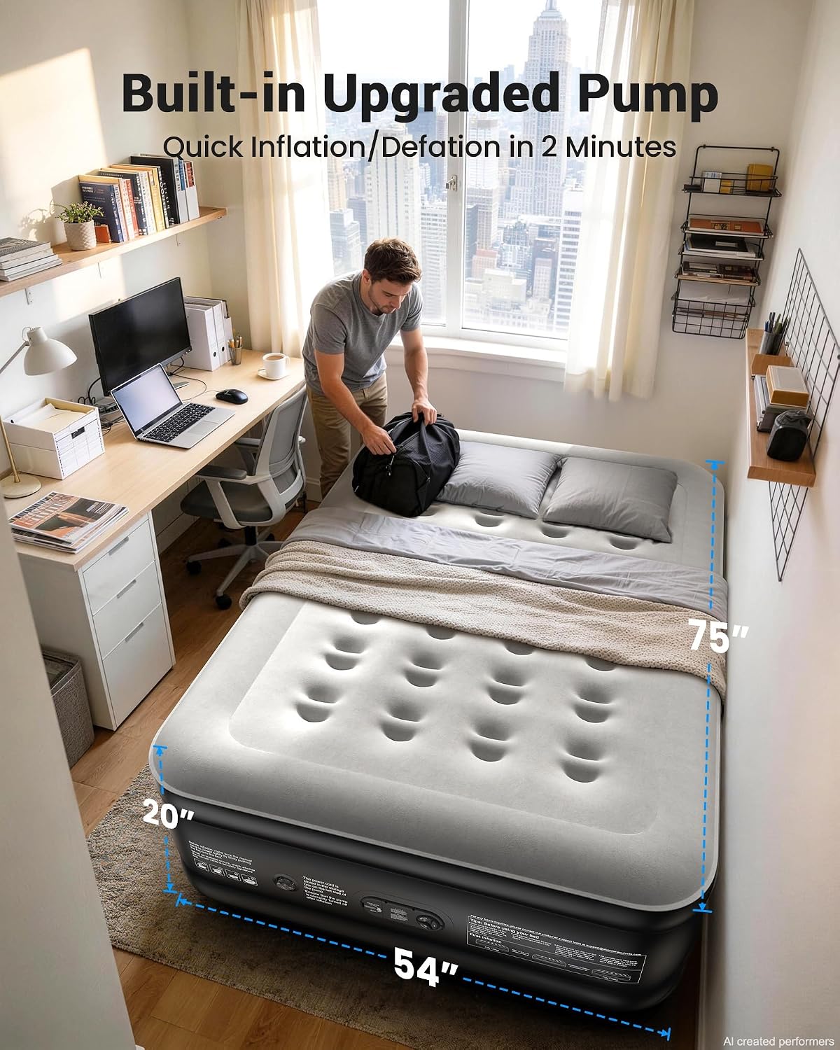 Detalle 2 de OhGeni 20-Inch Full Air Mattress with Built-In Pump, Flocked Top, 600-lb Capacity