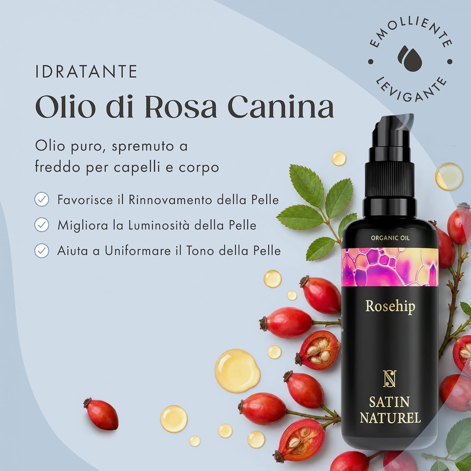 Thumbnail 1 de Olio di Rosa Mosqueta 100% Puro 50 ml + Spremuto a Freddo – Satin Naturel: guida all’acquisto