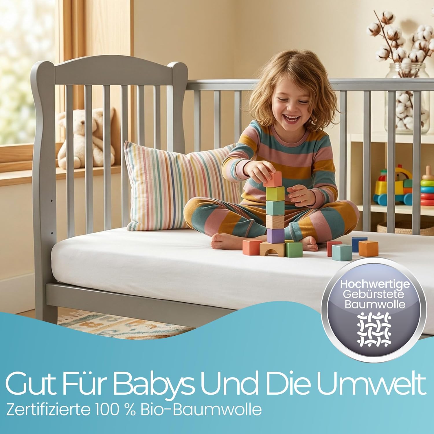 Thumbnail 3 de Spannbettlaken 60x120 für Baby – 2er-Set aus 100% natürlicher Bio-Baumwolle, weiß