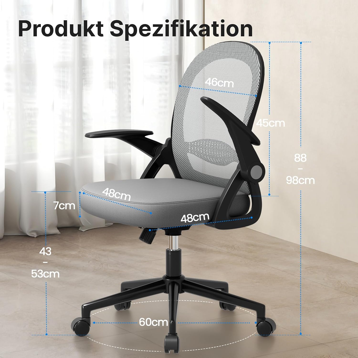 Detalle de rattantree Ergonomischer Bürostuhl – atmungsaktive Netz-Rückenlehne, verstellbar, Armlehnen klappbar, Dunkelgrau