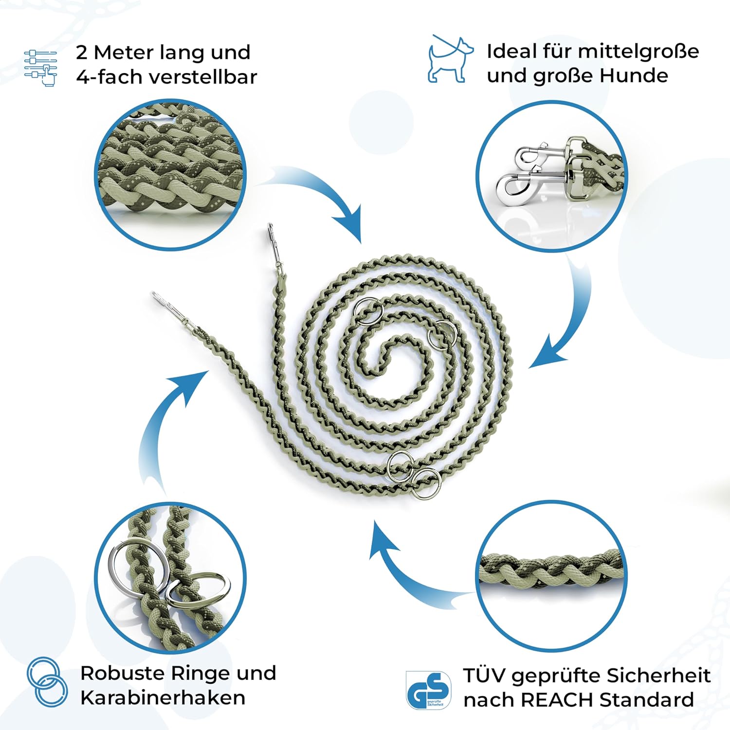 Detalle de Testnote: Sehr gut - Hundeleine reflektierend I 2m, verstellbar, wetterfest & reißfest bis 250 kg | Paracord Führleine, Umhängeleine