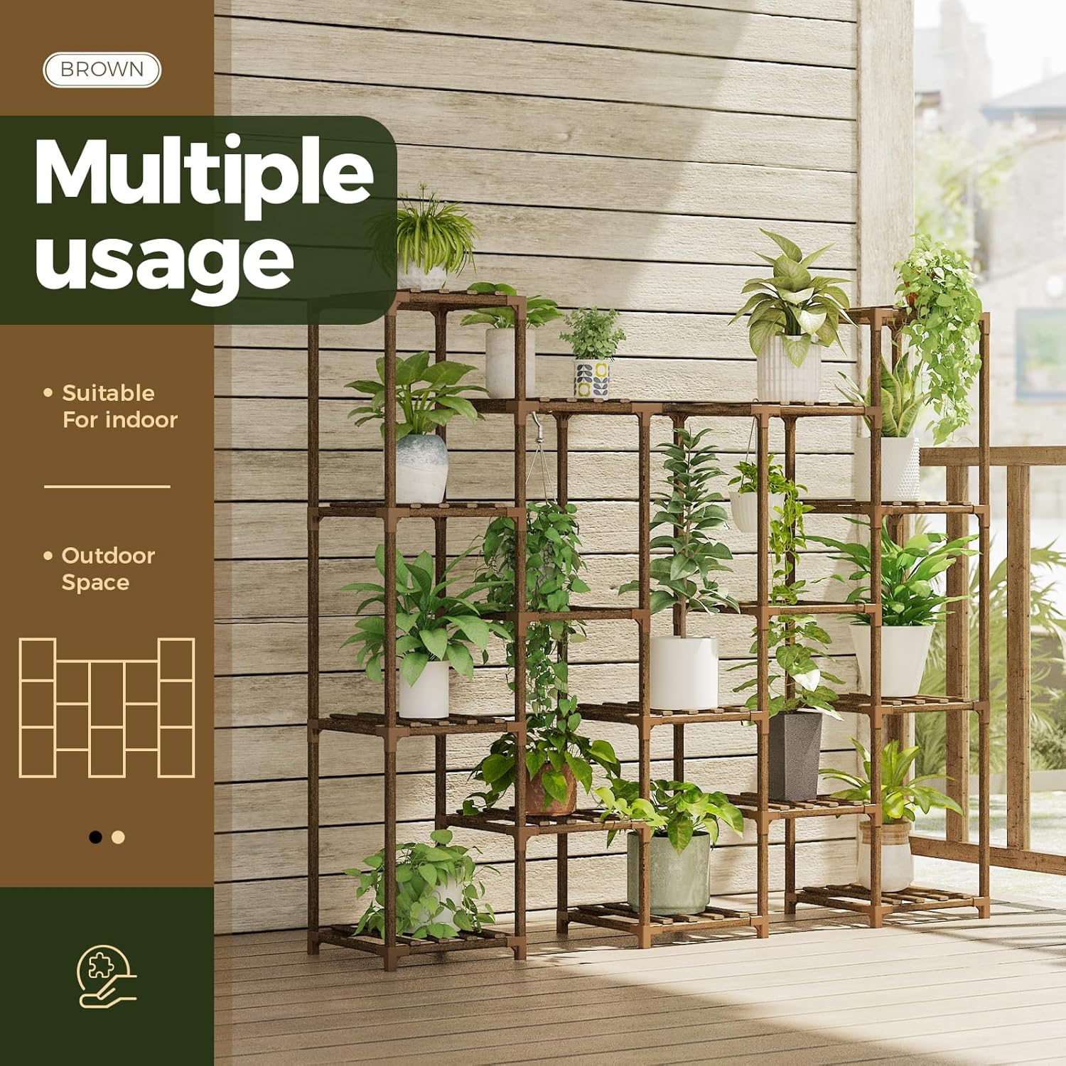 Detalle de Bamworld Großer Pflanzenständer Holz für 14 Töpfe (140×30×119 cm) – für Indoor & Outdoor
