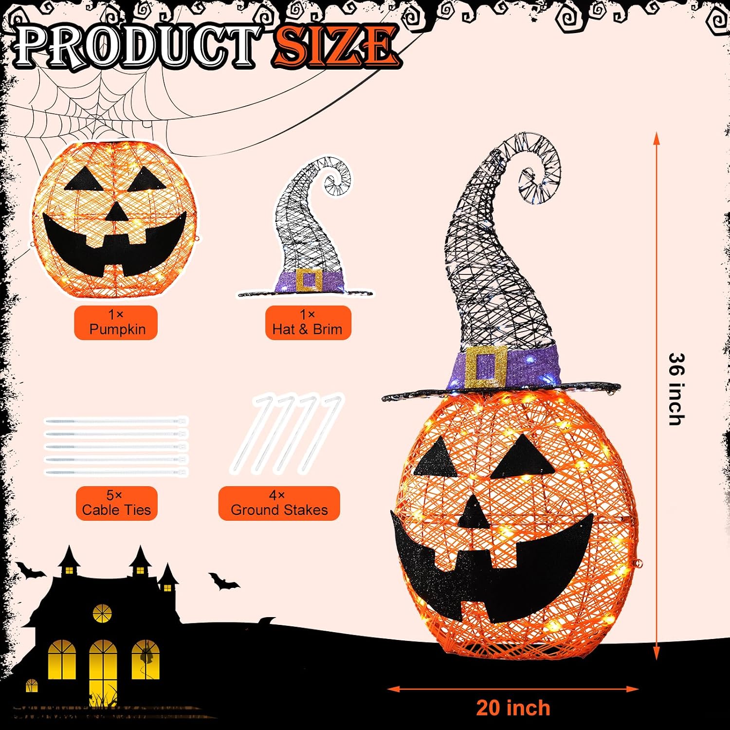 Detalle 2 de MARACOL PUMPKIN-RA Lighted Halloween Pumpkin with Witch Hat, 75 LEDs
