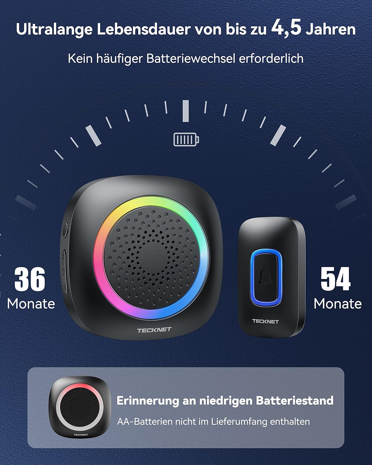 Detalle de TECKNET Funkklingel-Set (kabellos, batteriebetrieben) mit RGB-Licht, 60 Melodien und IP66