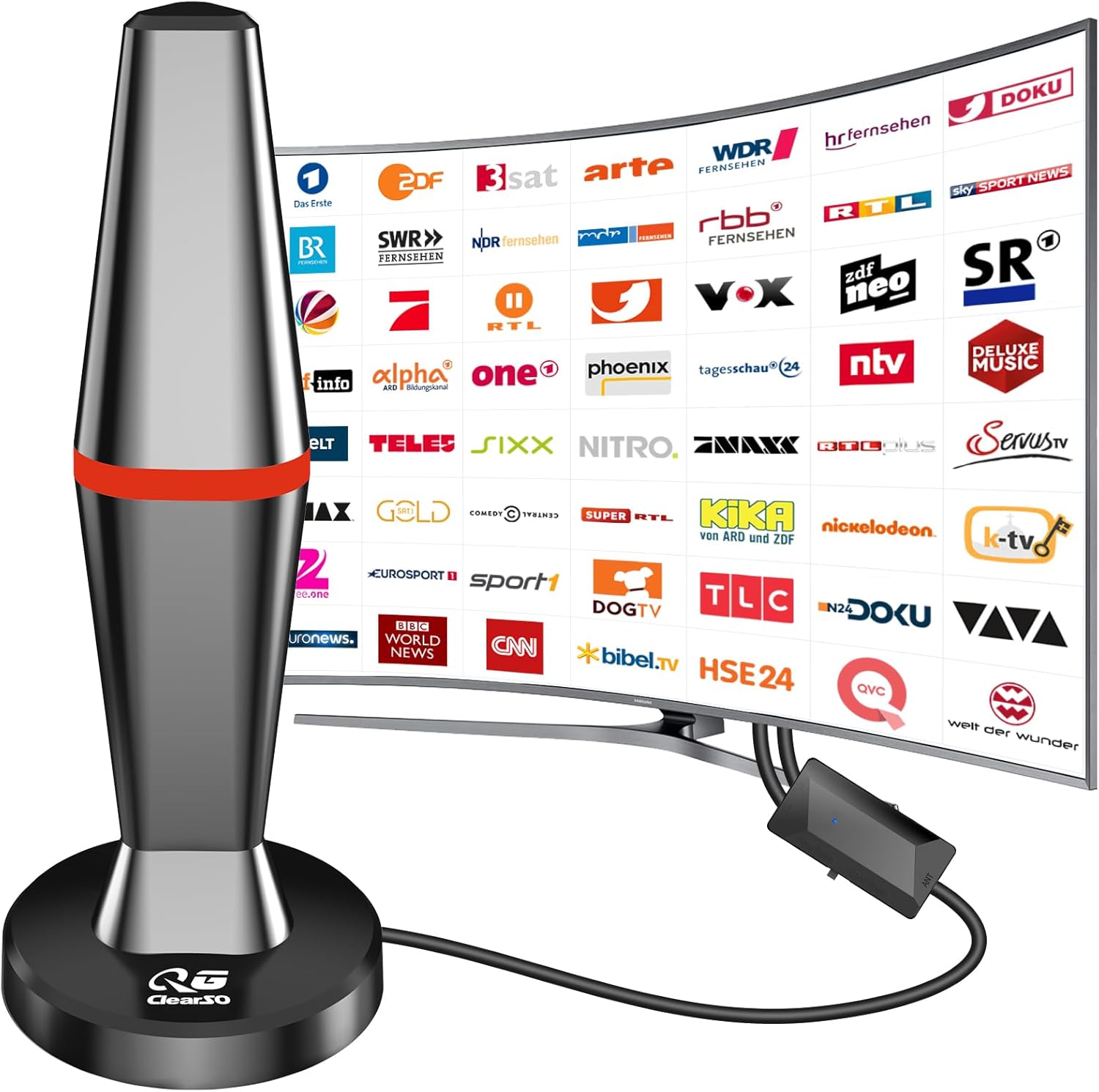 QGClearSO DVB-T/DVB-T2 Antenne 360° mit Verstärker und magnetischem Standfuß