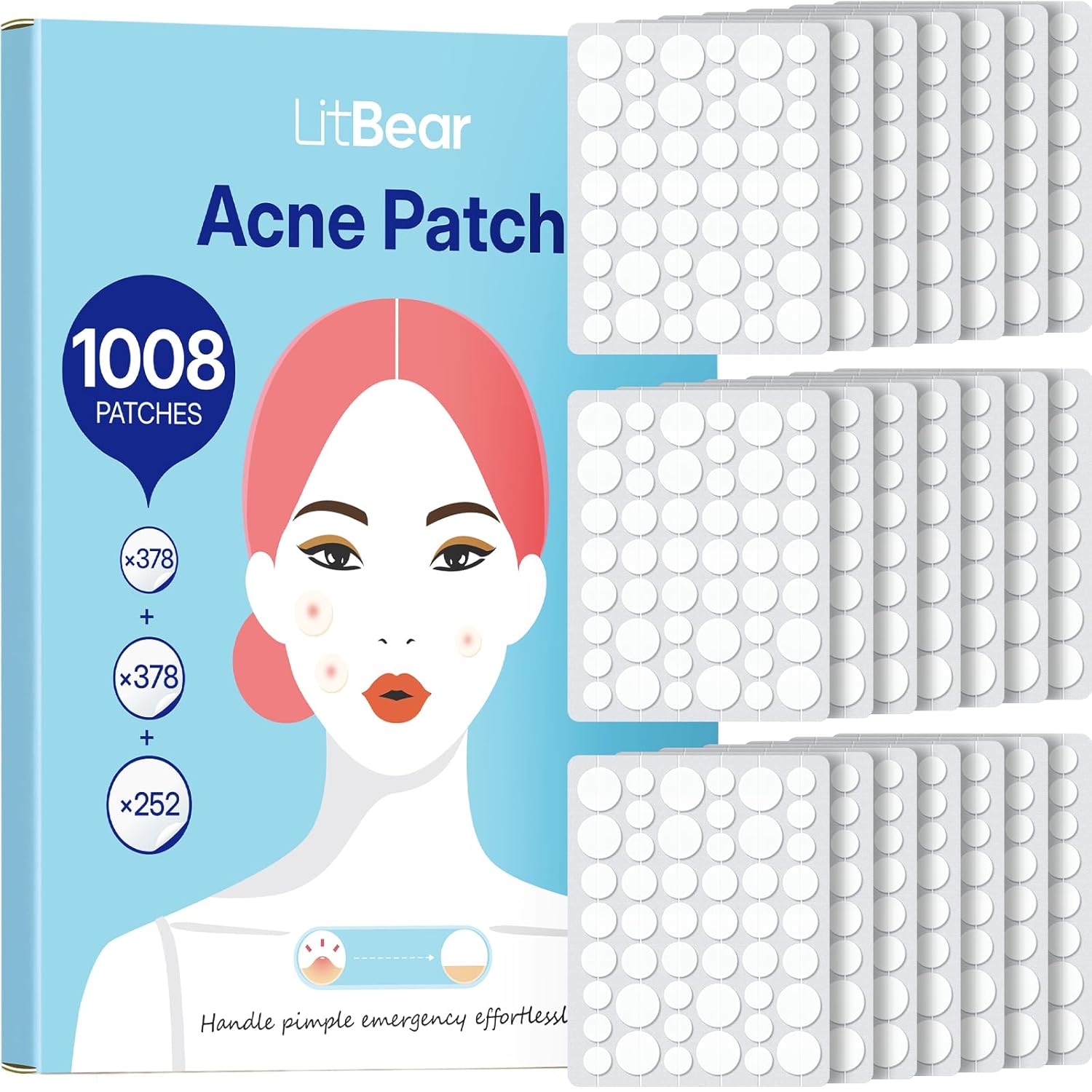 Detalle de LitBear Pickel Patch im Großpack – 1008 Stück, 3 Größen (8/10/12 mm) für alle Hauttypen