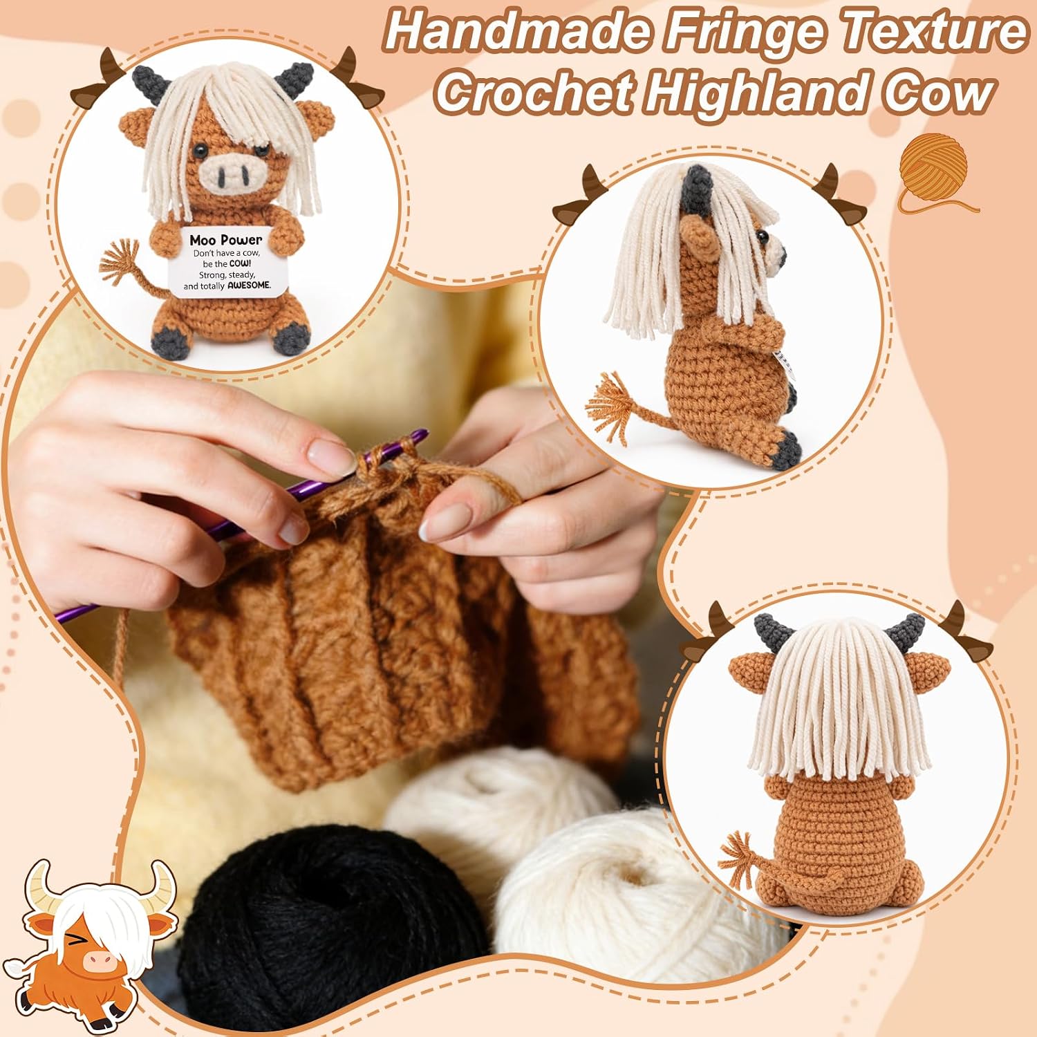 Detalle de Frabaca GYN-005 Handmade Crochet Highland Cow with “Moo Power” Message